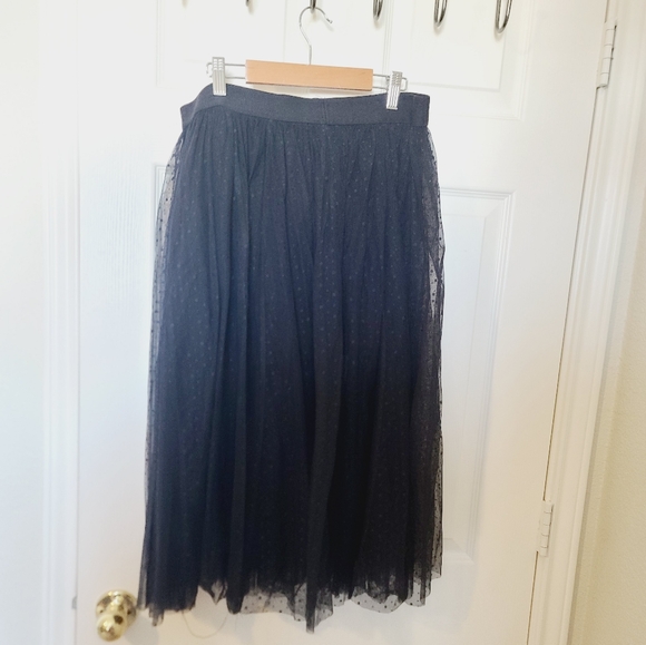 Free People Black Mesh Polka Dot Tulle Puffy Semi Sheer Midi Skirt L - Picture 2 of 10